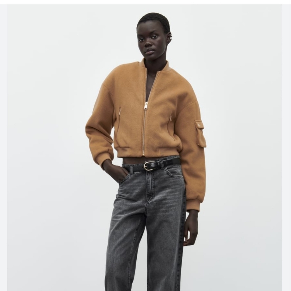 Zara Camel Colored Zip Up Fall Effortless Feminine Bomber Jacket